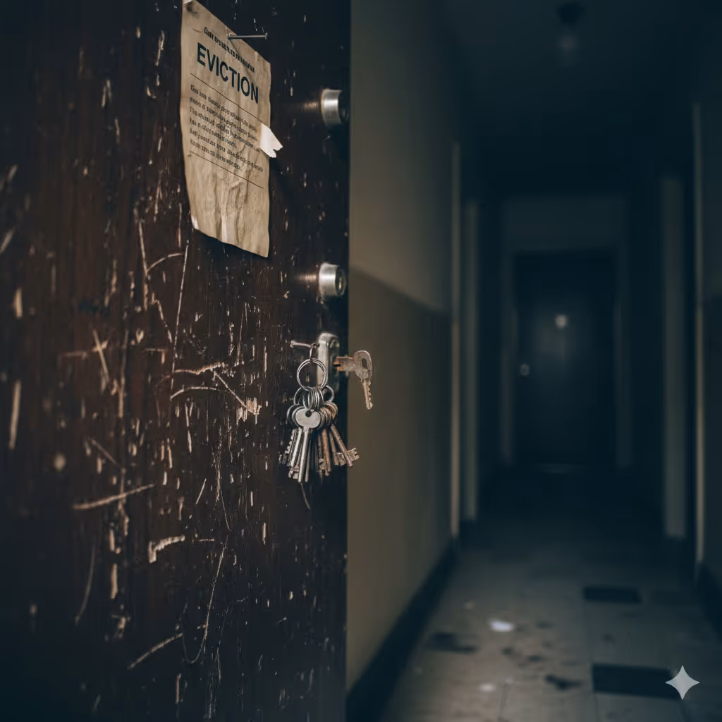 Worn wooden door with eviction notice and several keys hanging from the lock in a dimly lit corridor.