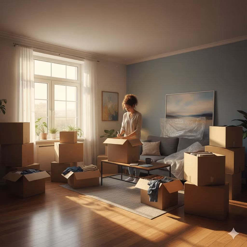 Woman standing in a sunlit living room surrounded by packed cardboard boxes, writing on a box.