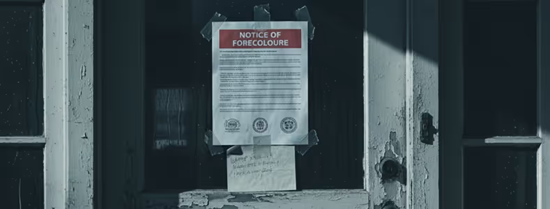 Notice of foreclosure taped to a weathered, chipped white wooden door with glass panels.