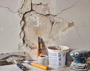 Cracked wall with plaster repair tools including a scraper, sanding block, and plaster bucket on a surface in front.